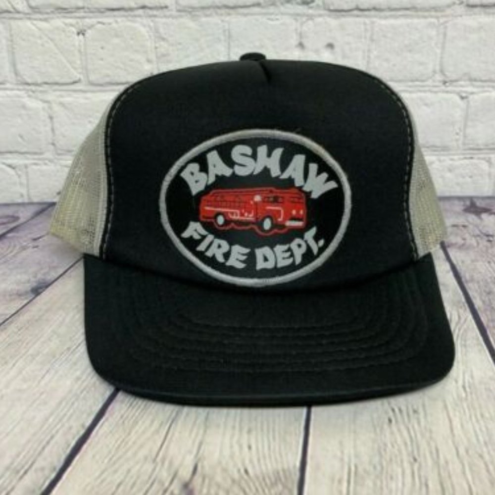 Vintage Hat Cap Snapback Bashaw Fire Department Trucker Mesh - Cracked Bill